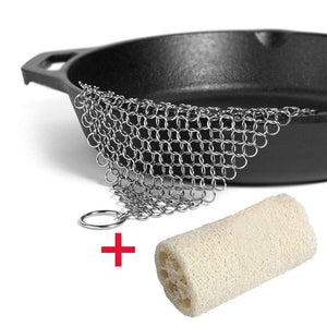 Cast Iron Cleaner with Corner Ring, Anti-Rust Stainless SteelÂ Square 8"x6" Chainmail Scrubber + FREE Natural Loofah Sponge Scrubbers for Kitchen, Dinnerware, Cast Iron Pan, Grill, Knife cleaning