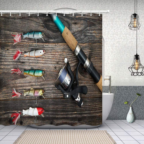 NYMB Fisher Decor, 3D Digital Printing Fishing Bait on Wood Shower Curtain, Polyester Fabric Western Fam House Rustic Wooden Bathroom Decorations, Bath Curtains Hooks Included, 69X70 inches (Multi1)