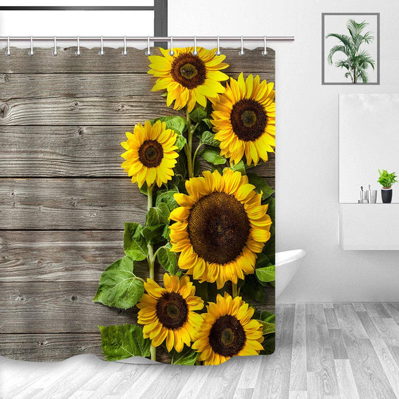NYMB Sunflower Shower Curtain 3D Printing, Spring Field Rustic Flowers on Country Wooden Board,Fabric Bathroom Decorations, Bath Curtains 12PCS Hooks Included, 69X70 Inches(Yellow Green)