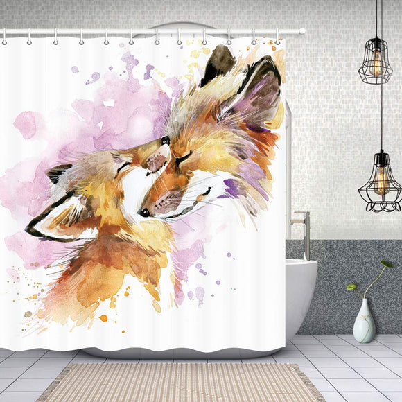 NYMB Animals Motherhood Decor, Watercolor Fox Mother and Baby Fox Shower Curtain, Polyester Fabric Catoon Fox Bathroom Decorations, Bath Curtains Hooks Included, 69X70 inches, Brown Pink
