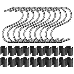 SelfTek 20 Pack Wire Shelving Shelf Lock Clips for 1" Post Fits Alera and 10 Pack Stainless Steel Heavy Duty S Shaped Hooks Hangers for Kitchenware Pots Utensils Clothes Bags Towels Plants