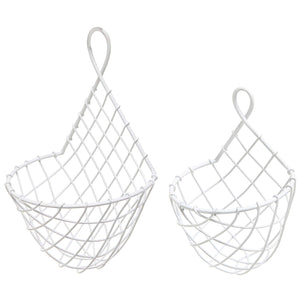 Wall-Mounted White Woven Metal Wire Hanging Fruit & Produce Holder/Flower & Plant Baskets, Set of 2