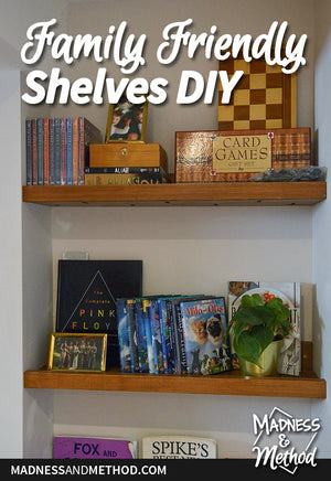 Here’s a fun little project that solved a few issues for us over at our rental home.  I was looking to 1) find a designated spot for books, 2) display some games and DVDs for renters, and 3) fancy up a little alcove we had in our basement...