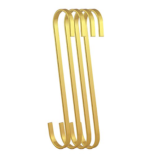 RuiLing 4-Pack 8 Inch Steel Hanging Flat Hooks - Gold Chrome Finish S Shaped Hook Heavy-Duty S Hooks,Multi-Purpose for Kitchenware, Pots, Utensils, Plants, Towels, Tools, Clothes