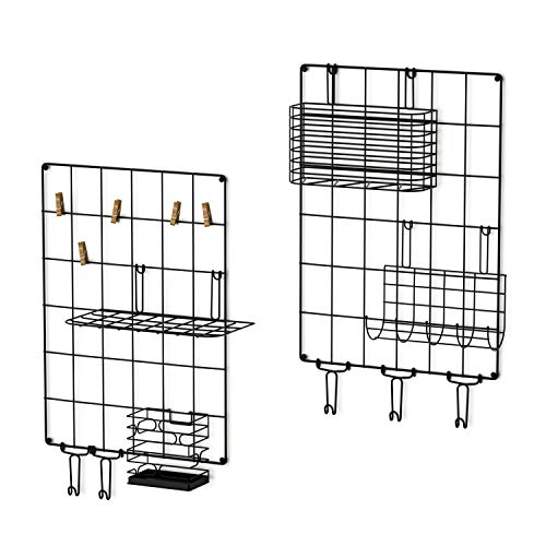 Love-KANKEI Wall Grid Panel Wire Grid Panel Set of 2 for Wall Decoration or Organization, 5 Hooks and 5 Clips 1 x Letter Frame, 1 x Hanging Basket, 1 x Pen Holder and 1 x Hanging net