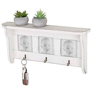 MyGift Vintage White Wood Wall-Mounted Display Shelf with 3 Picture Frames & 3 Key Hooks