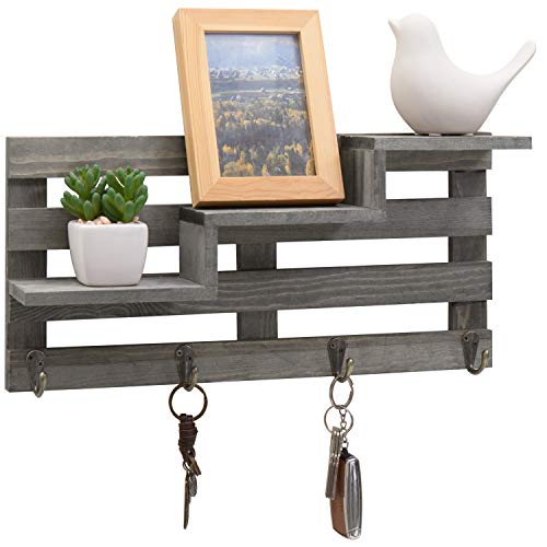 MyGift Vintage Gray Wood Wall-Mounted 3-Tiered Stair Display Shelf with 4 Key Hooks