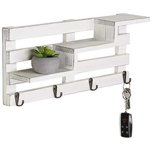 MyGift Wall-Mounted Vintage White Wood Tiered Accent Shelf with Key Hooks