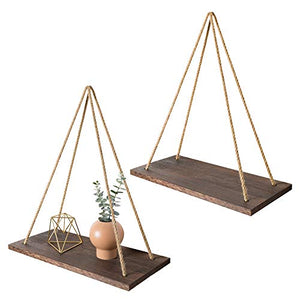 Mkono Wood Wall Floating Shelf Rustic Hanging Swing Rope Shelves, Set of 2 Wall Display Shelves Home Organizer Boho Decor Shelves for Living Room Bedroom Bathroom Kitchen