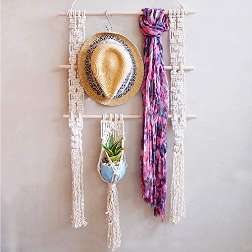 LSHCX Boho Macrame Floating Swing Hanging Shelf Wall Display Storage Shelves Cotton Rope Organizer Rack with A Small Plant Hanger, 35.4 x 17.7In
