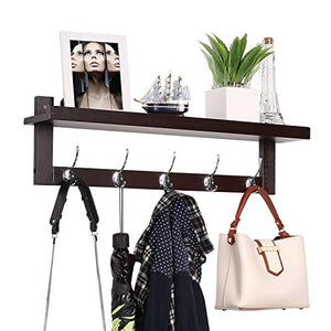 Homfa Bamboo Entryway Wall Shelf Hanging Shelf 29 in L, Wall-Mounted Coat Hook Rack with 5 Dual Metal Hooks for Hallway, Bathroom, Living Room, Bedroom, Dark Brown