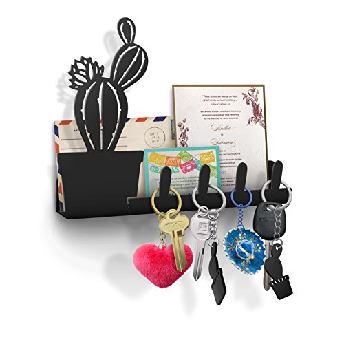 KukuPua Cactus Wall Key Holder, Mail Organizer, Decorative Key Rack, 4 Key Hooks, Metal Wall Decor for Home and Office, Black- with Two Succulent Shaped Key Chains