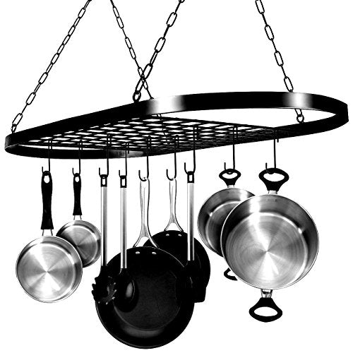Oval Hanging Pot Rack for Kitchen Utensils Organizer for Pans Kitchenware Metal Black Colour Storage Decorative Oval Shaped Practical Modern with Hanging Hooks & eBook by Easy&FunDeals