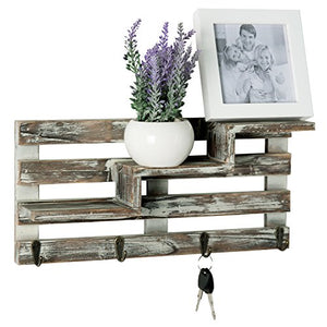 MyGift Rustic Torched Wood Wall Mounted Entryway Organizer Display Shelf Rack with 4 Key Hooks