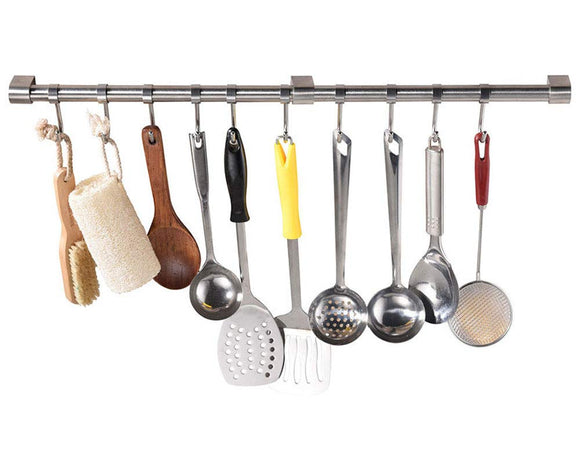 eForwish Stainless Steel Kitchen Rail Utensil Rack with 8 Hooks Hangers Wall Mounted(16