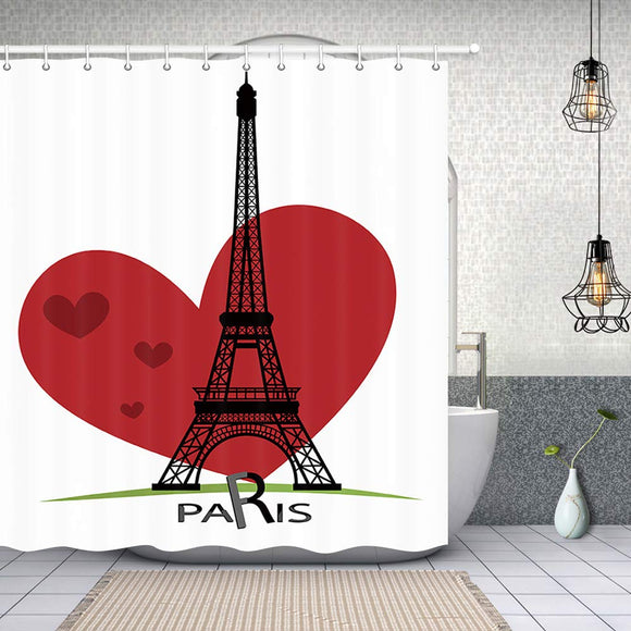 NYMB Paris Bath Curtain, Eiffel Tower with Red Heart Shaped for Valentine's Day, Fabric Shower Curtains for Bathroom, 69X70in, Shower Curtains Hooks Included
