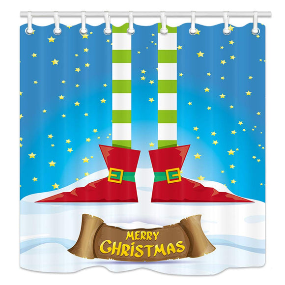 NYMB Winter Christmas Festival Decor, Cartoon Elfs Legs on Snowy North Pole with Christmas Stars, Polyester Fabric New Year Kids Shower Curtains for Bathroom, Shower Curtain Hooks Included, 69X70in