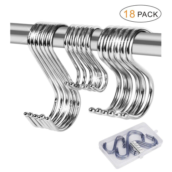 18-Pack S Shaped Metal Hooks Stainless Steel S Hook, Heavy Duty Multipurpose Assorted Sizes with Storage Box Pack, for Hanging Pans Pots Plants Rack Accessory in Kitchen Bedroom & Office by Aixixi