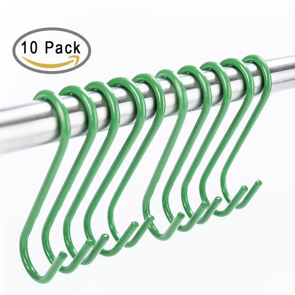 10 Pack S Shape Black Finish Steel Hanging Hooks for Kitchenware , Pots , Utensils , Plants , Towels , Gardening Tools , Clothes (green)