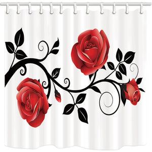 NYMB Floral Flower Shower Curtain, Concise Style Red Rose Black Branch White Background, Bathroom Polyester Fabric Waterproof Shower Curtain Set with Hooks, 69X70in