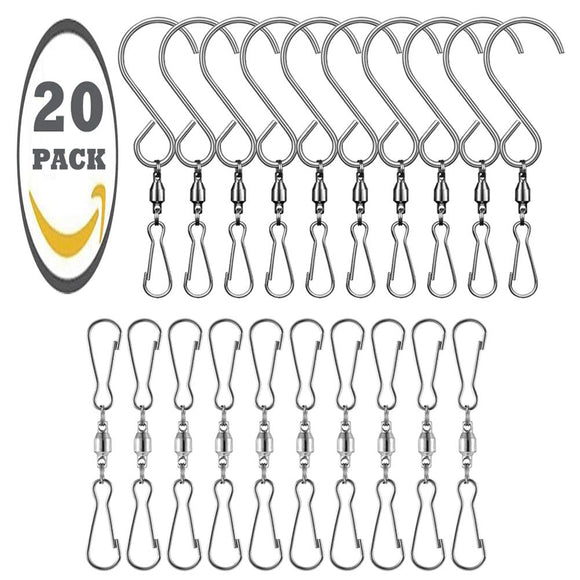 Deeram 20 Pack Stainless Steel Swivel Hooks Clips Rotating 360° for Wind Spinners Wind Chimes Hanging Pots Birdcage Plants Party Supply Garden Ornaments Accessories, S-Hooks & Clips
