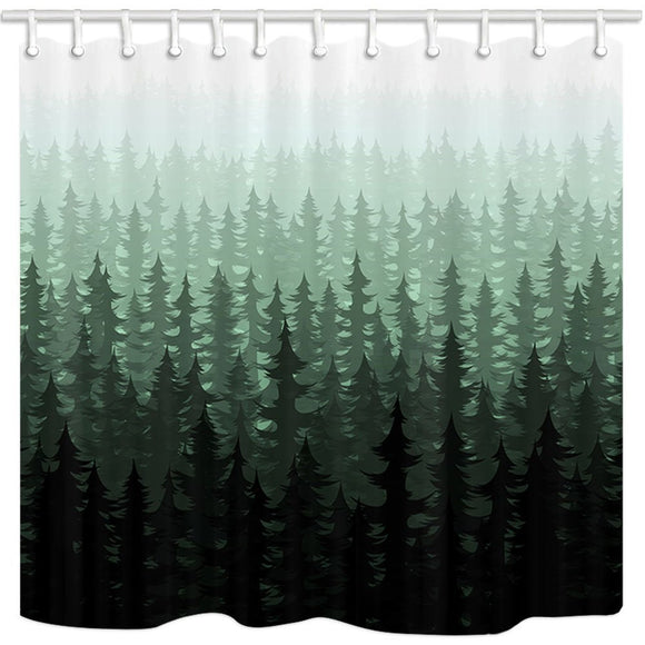 NYMB Nature Forest Landscape Decor, Watercolor Pine Trees Shower Curtains for Bathroom, Polyester Fabric Farm House Fog Bath Curtain, 69X70in, Shower Curtain Hooks Included,Dark Green