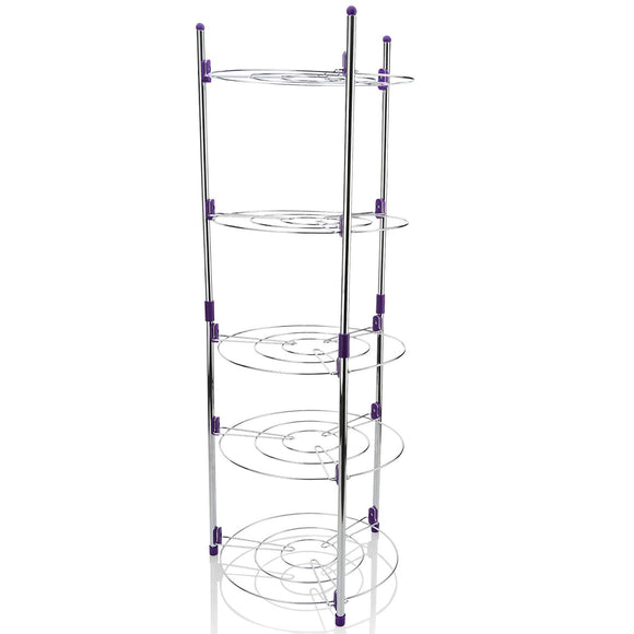 EZ BREEZY HOME EBH Chrome 5 Tier Round Metal Shelving Tower. Instant Shelves for Storage of Round Pots, Crock Pots, Stock Pot. Dish Pans, Lids and More Includes 5 S-Hooks for Small Items