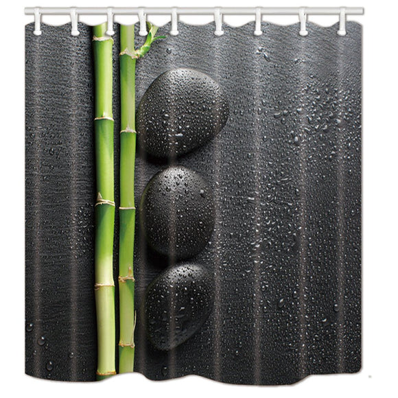 NYMB Spa Decor, Zen Garden Theme Stone and Bamboo on Black Shower Curtain,Polyester Fabric Yoga Bathroom Decorations, Bath Curtains Hooks Included, 69X70 inches, Green