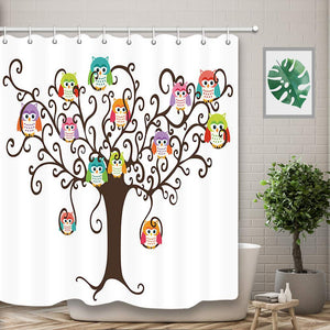 NYMB Colorful Owls in Pretty Tree for Kids Bath Curtain, Polyester Fabric Waterproof Cartoon Funny Animals Shower Curtains, 69X70 in, Shower Curtain Hooks Included, Brown Green(Multi6)