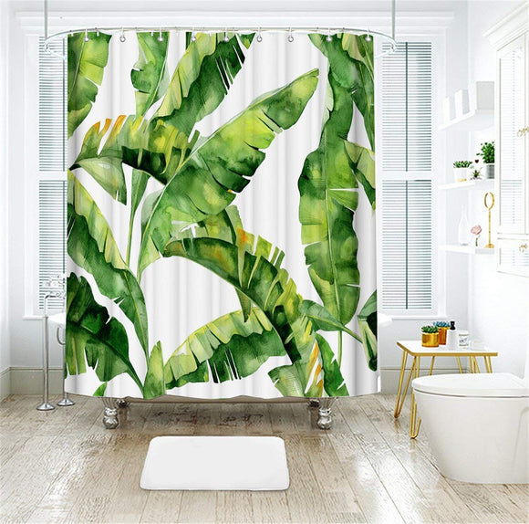 LIVILAN Shower Curtain Set with 12 Hooks Tropical Plant Banana Leaf Print Bath Curtain Home Decorations Fabric Home Curtain Machine Washable Privacy Curtain 72 X 72 inch, Green