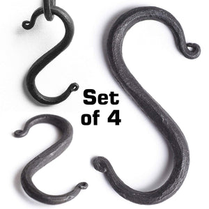 S Hooks Wrought Iron Black for Hanging - Hand Forged Heavy Duty 1/2 Inch pipe - 4 Hooks!