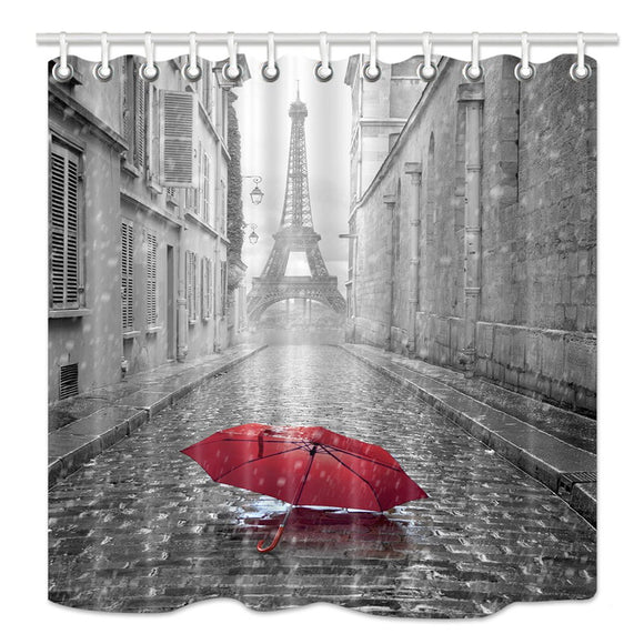 NYMB Paris Shower Curtain, Eiffel Tower Under Red Umbrella in France Street,Fabric Bathroom Decorations, Bath Curtains 12PCS Hooks Included, 69X70 Inches