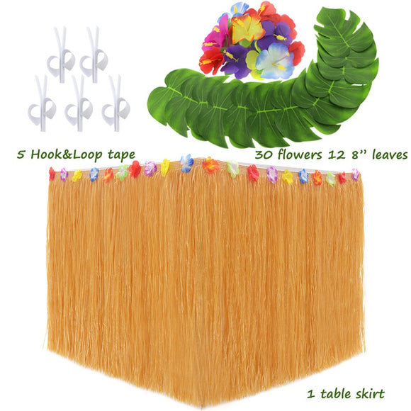 LoveS Hawaiian Luau Party Supplies Set, 1 Pack Yellow Hawaiian Grass Table Skirt, with 12pcs 8 Inches Tropical Palm Monstera Leaves and 30pcs Hibiscus Flowers (5pcs Adhesive Hook & Loop Tapes)