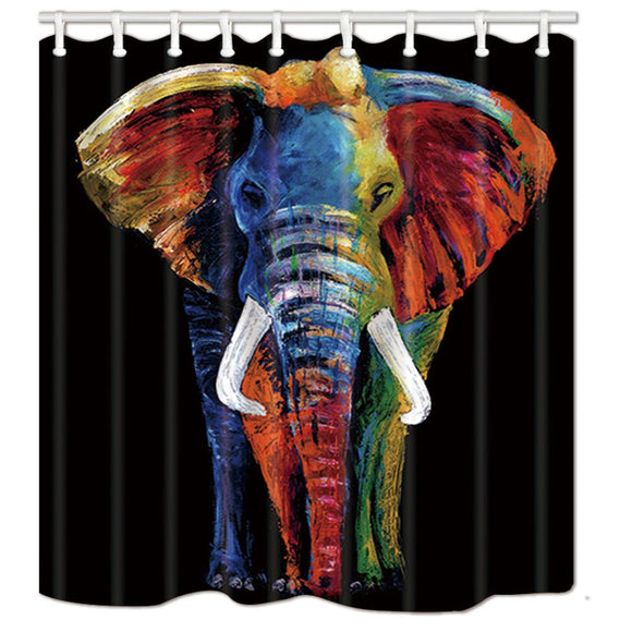 NYMB Wildlife African Safari Decor, Splashing Colorful Boho Animals Elephant in Black Bath Curtain, Polyester Fabric Animal Shower Curtain for Bathroom, 69X70in, Shower Curtains Hooks Included