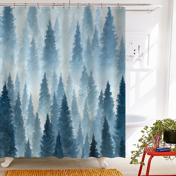 Roslynwood Tidy Decor Nature Forest Landscape Decor, Watercolor Pine Trees Shower Curtains for Bathroom, Polyester Fabric Waterproof Bath Curtain, 69X70in, Shower Curtain Hooks Included, Blue