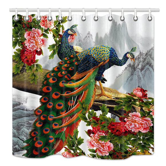 NYMB Glamorous Peacock in Peony Flower on Landscape Painting Shower Curtain, Waterproof Fabric Bathroom Decorations, Bath Curtains Hooks Included, 69X70 inches