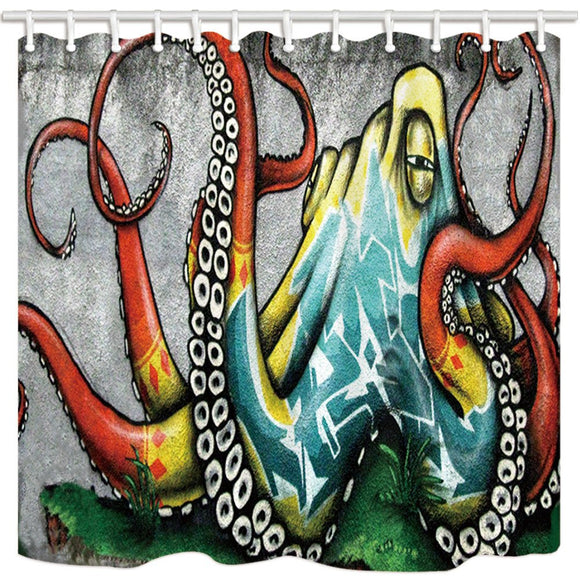 NYMB Cartoon Nautical Sea Monster Shower Curtain, Colorful Wall Graffiti Ocean Animals Octopus Home Decor, Farmhouse Bathroom Decor Polyester Fabric Waterproof Shower Curtain Set with Hooks, 69X70in