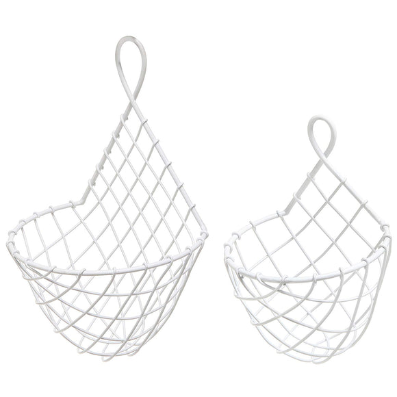 Wall-Mounted White Woven Metal Wire Hanging Fruit & Produce Holder/Flower & Plant Baskets, Set of 2